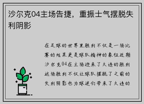 沙尔克04主场告捷，重振士气摆脱失利阴影