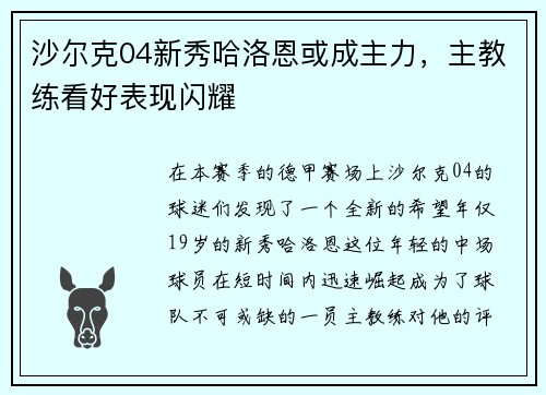 沙尔克04新秀哈洛恩或成主力，主教练看好表现闪耀